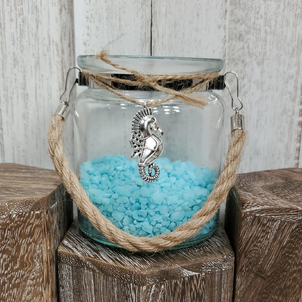 Silver Seahorse Charm Glass Jar Vase Twine Handle with Aqua Pebble Rocks
